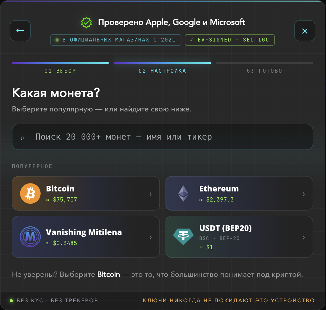 Schermata «Quale moneta?» con Bitcoin, Ethereum e USDT